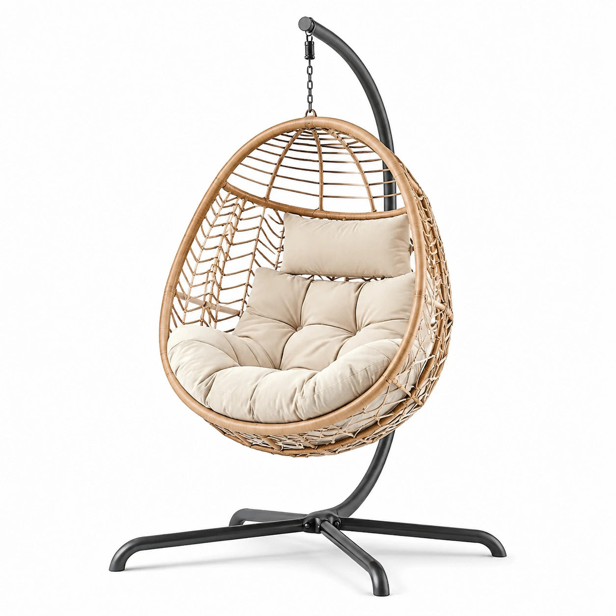 Sillón colgante de mimbre sintético con cojín beige y estructura de acero
