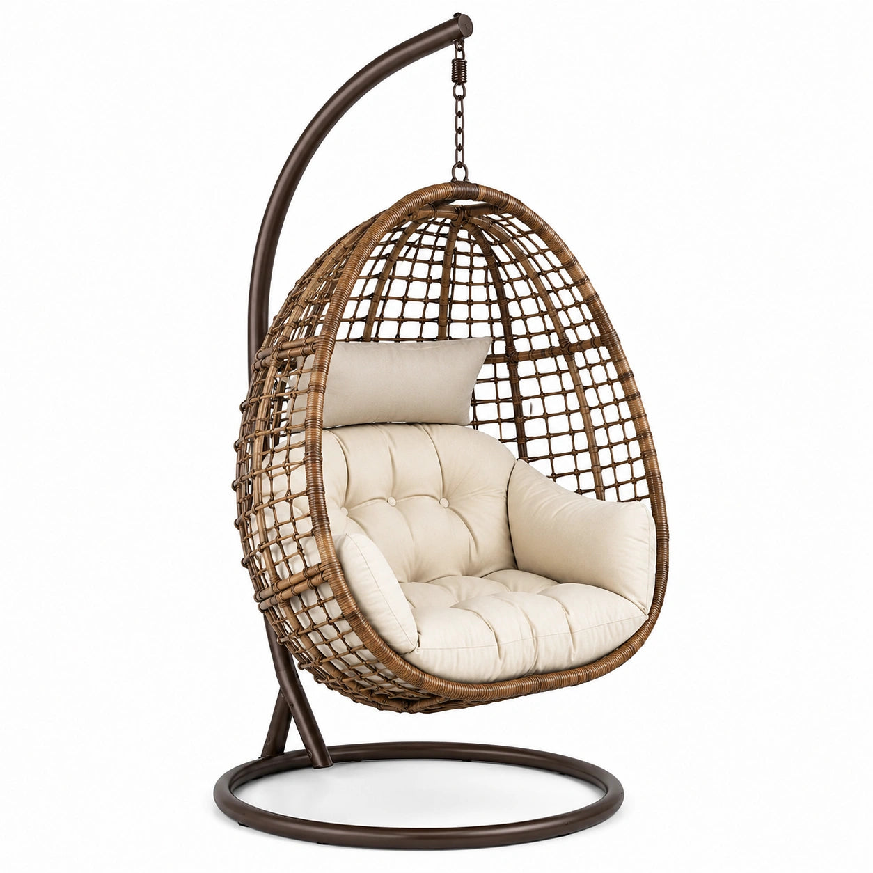 Sillón colgante de ratán sintético con cojín crema y estructura de acero