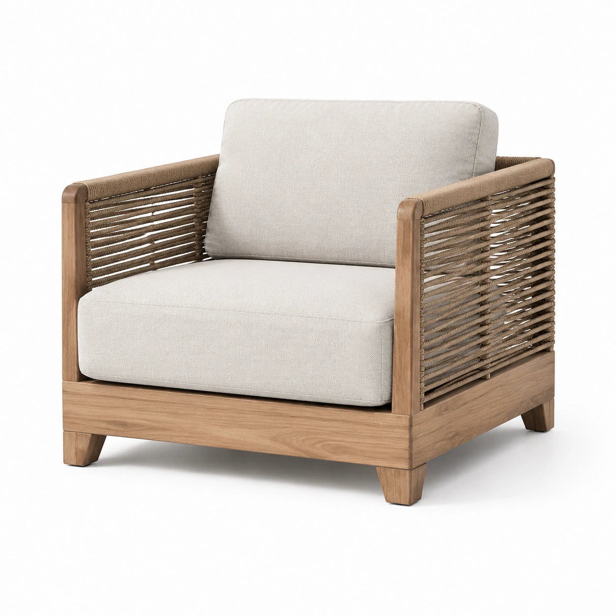 Sillón de madera de teca y cuerda con cojines de poliéster beige