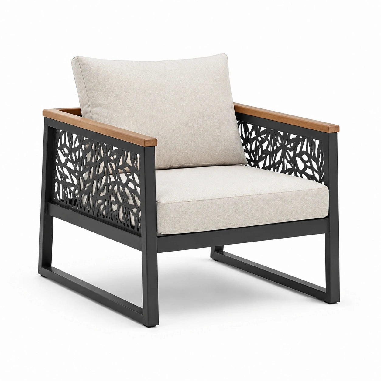 Sillón de metal y madera de teca con cojines de poliéster beige