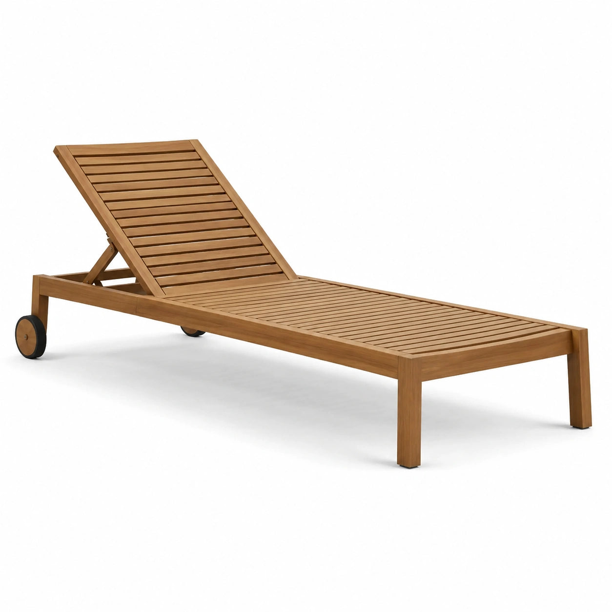 Tumbona de madera de teca con respaldo ajustable y ruedas