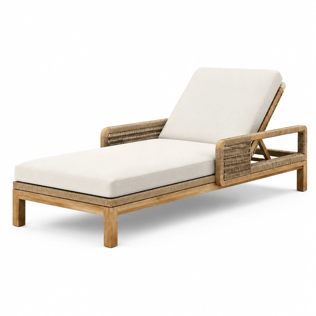 Tumbona de madera y ratán con cojín beige