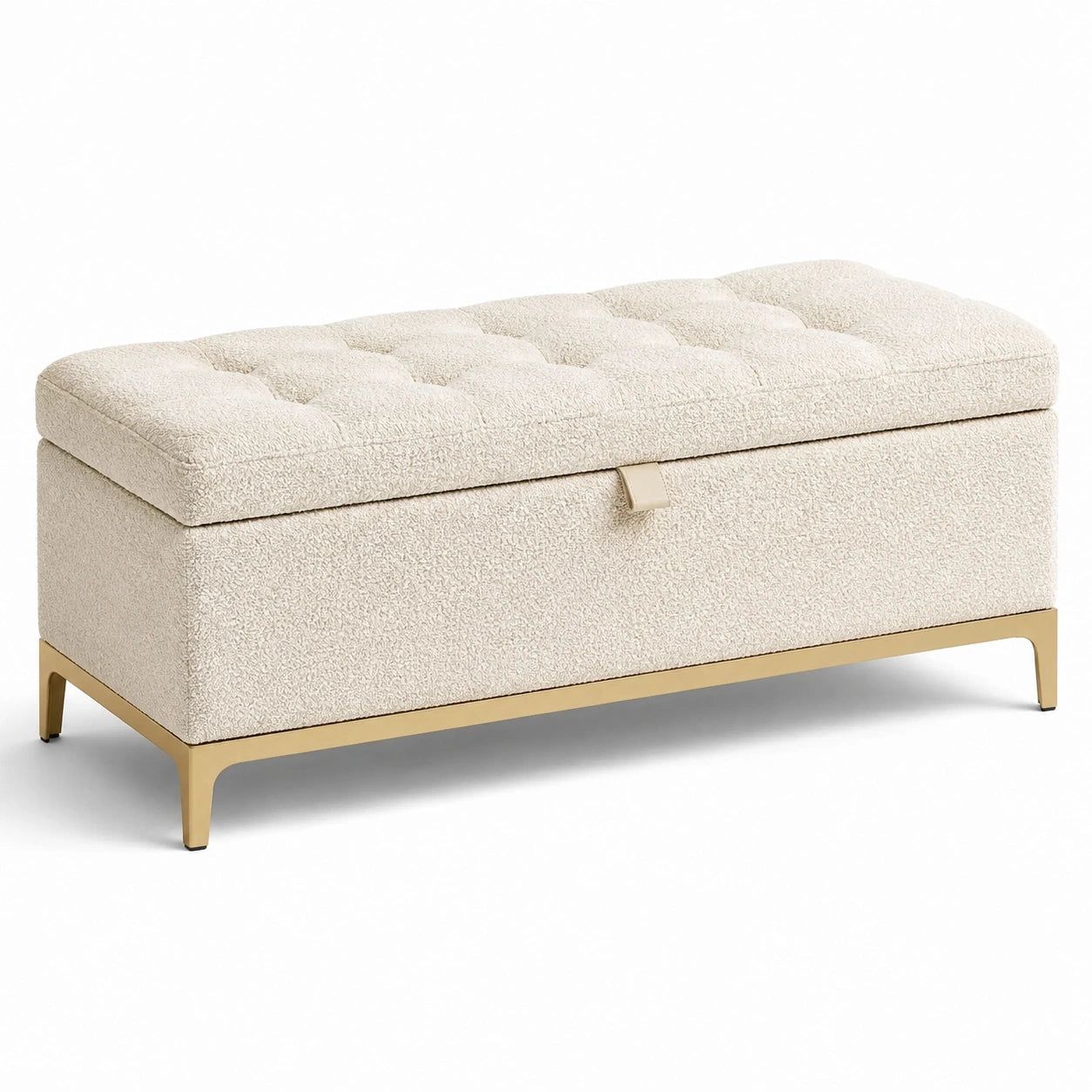 Banco de almacenamiento de bouclé beige con base metálica