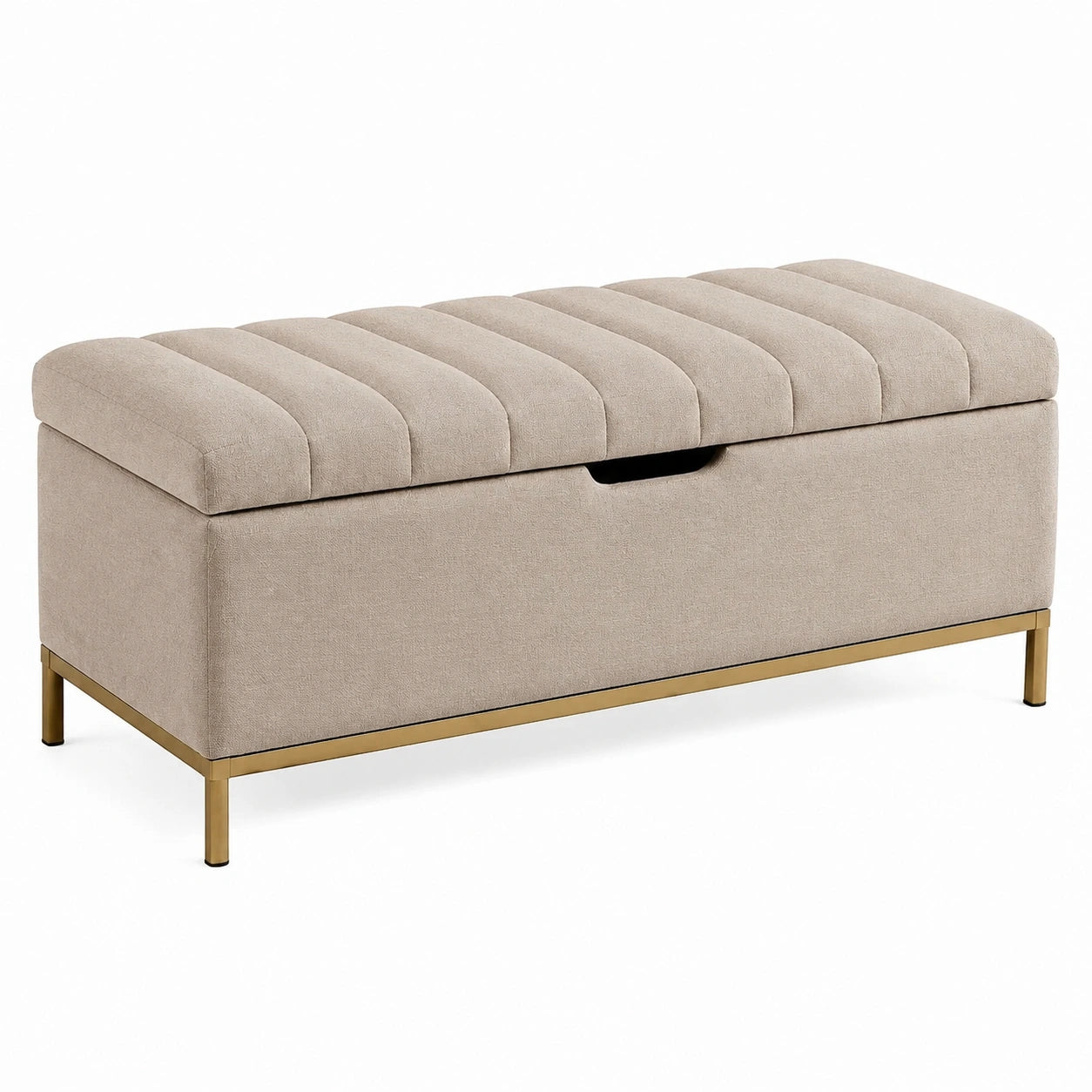 Banco de almacenamiento en tela beige con patas de metal