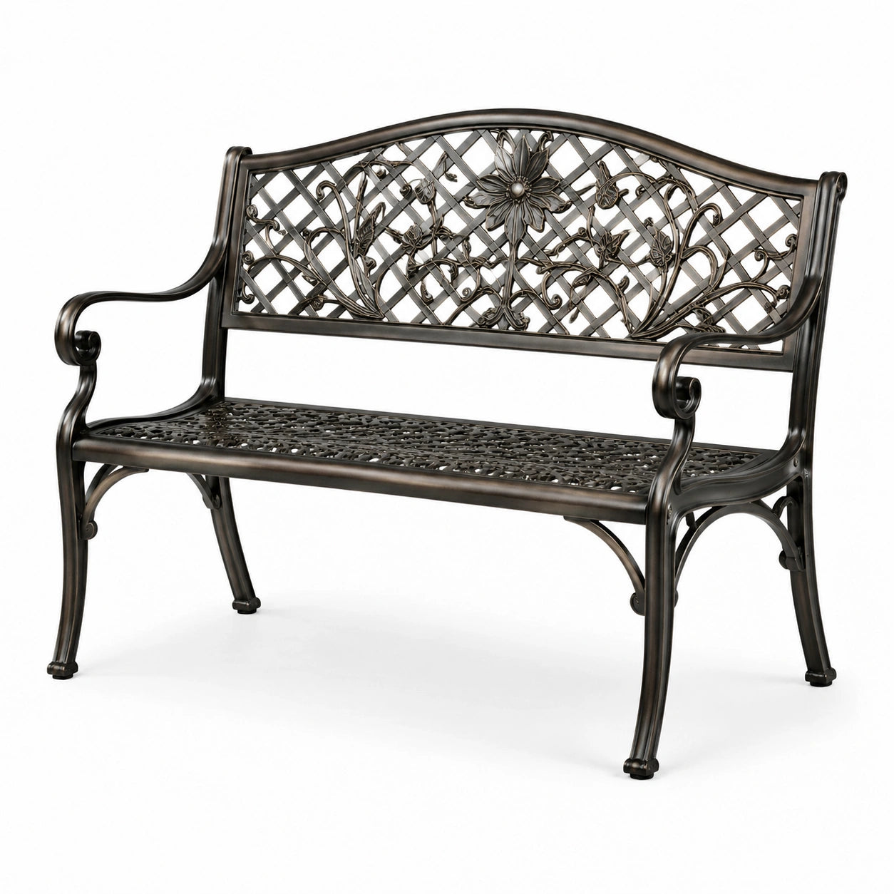 Banco de metal con detalles florales, 127 cm, color bronce