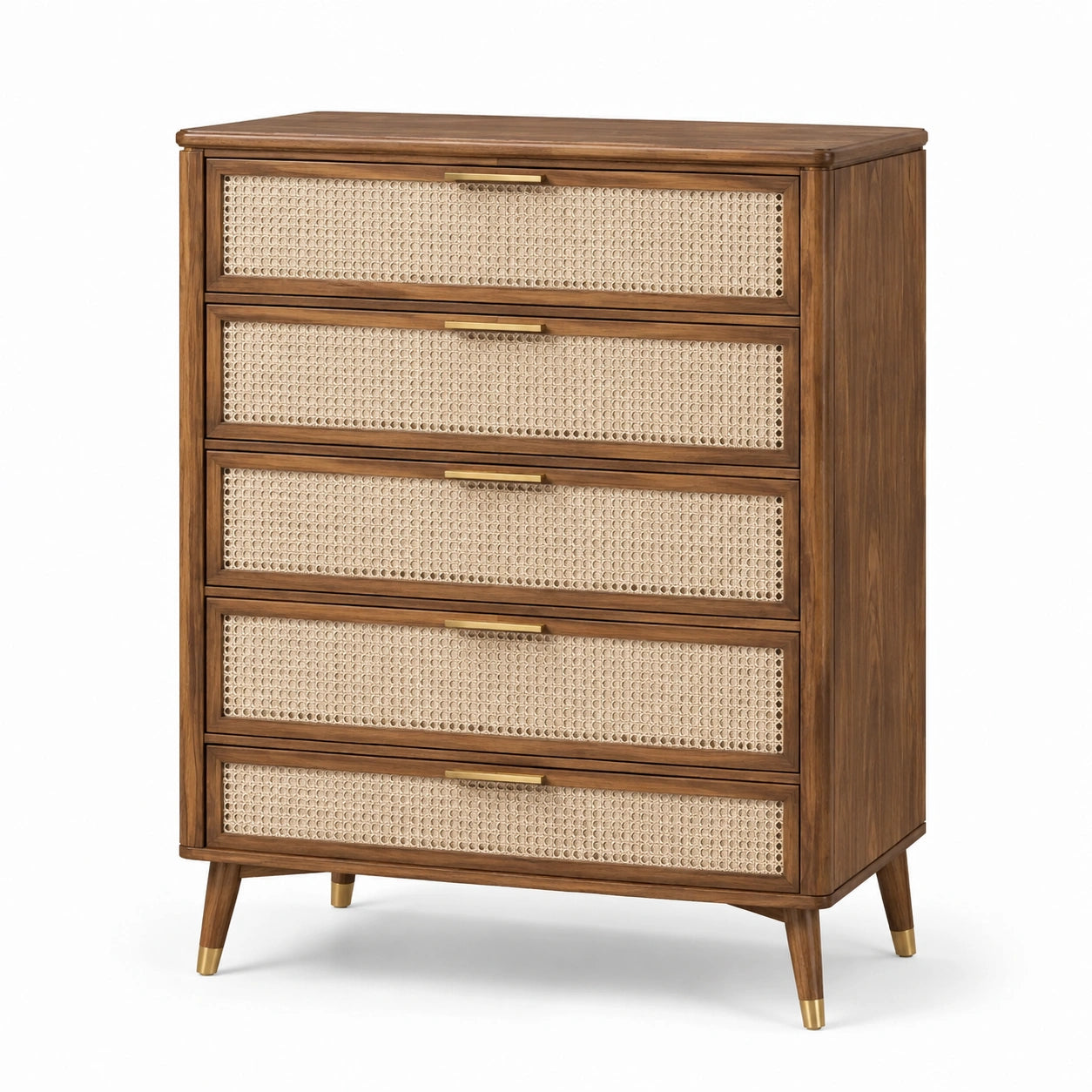 Cómoda de madera y ratán con 5 cajones marrón nogal