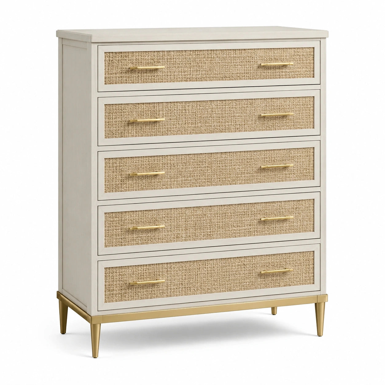 Cómoda alta de madera con 5 cajones de ratán y tiradores dorados, color crema