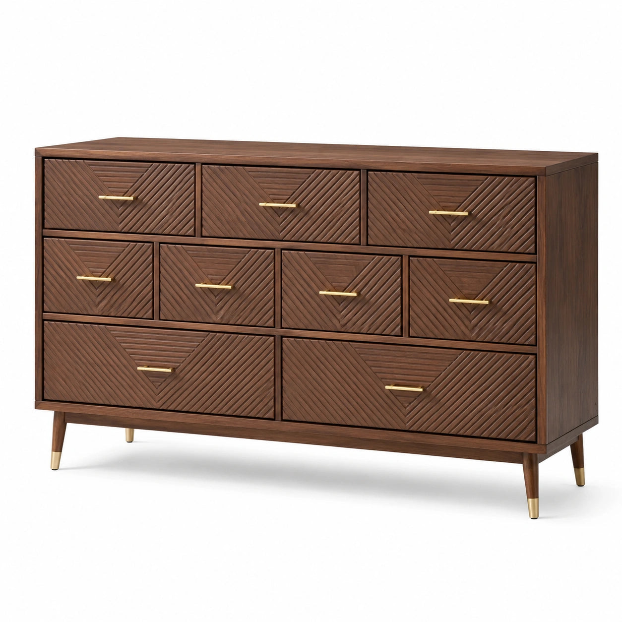 Cómoda de madera maciza con 10 cajones y tiradores metálicos marrón