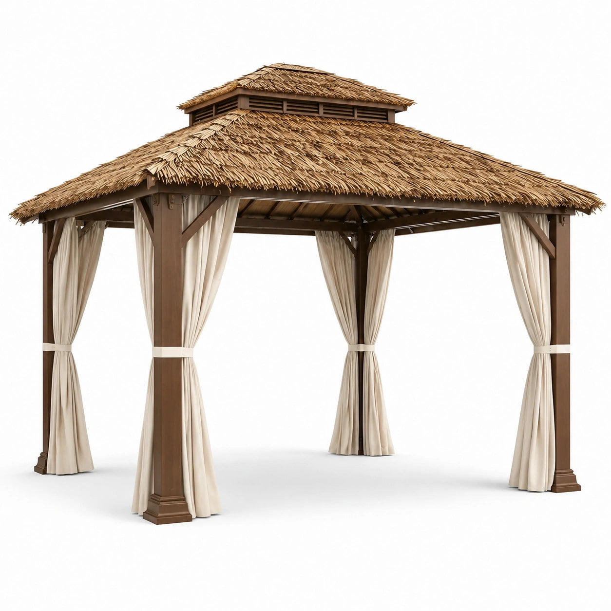 Gazebo de Madera con Techo de Paja y Cortinas de Poliéster 300x300x350 cm Marrón/Beige