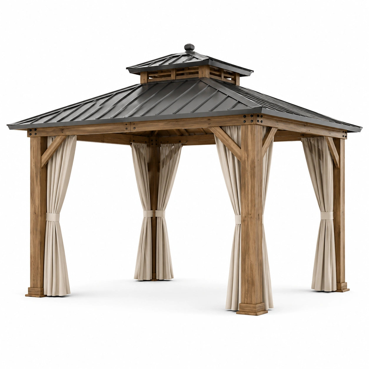 Gazebo de Madera con Techo de Metal y Cortinas de Poliéster 300x300x300 cm