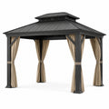 Pérgola de aluminio con techo a dos aguas de acero y cortinas de poliéster 300x300 cm negro y beige