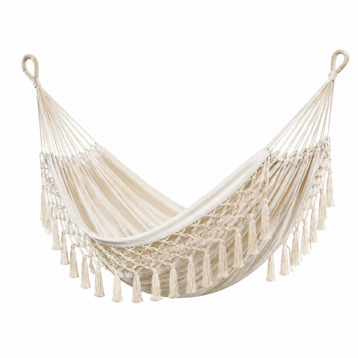 Hamaca de Algodón Beige con Flecos Decorativos